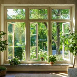 a room with a large window with plants in it