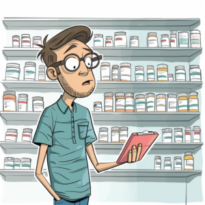 a cartoon of a man holding a clipboard in front of shelves of medicine