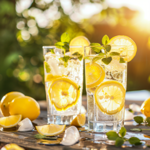 two glasses of water with ice and lemons on a table