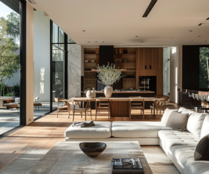 a living room with a large window and a large table