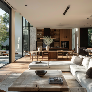 a living room with a large window and a large table