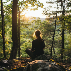 a woman sitting on a rock in the woods