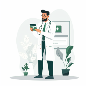 a man in a white coat holding a green rx card