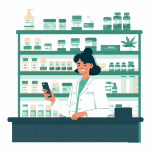 a woman in a white coat at a pharmacy