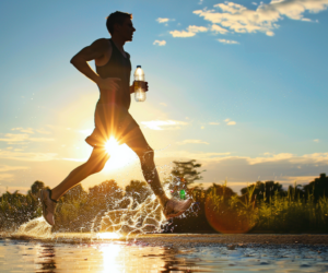 a man running with a bottle of water