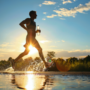 a man running with a bottle of water