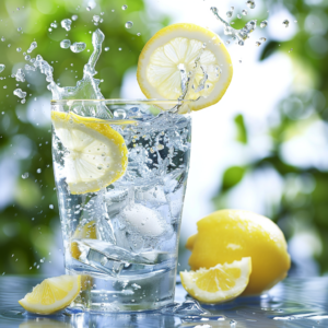 a glass of water with lemon slices and ice