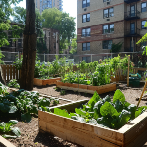 a garden with plants and buildings in the background